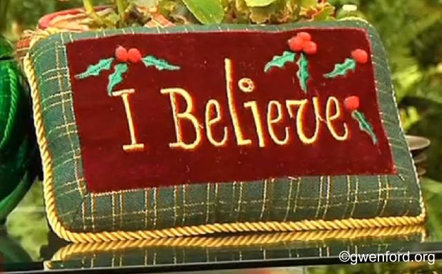 Embroidered 'I Believe' Christmas pillow